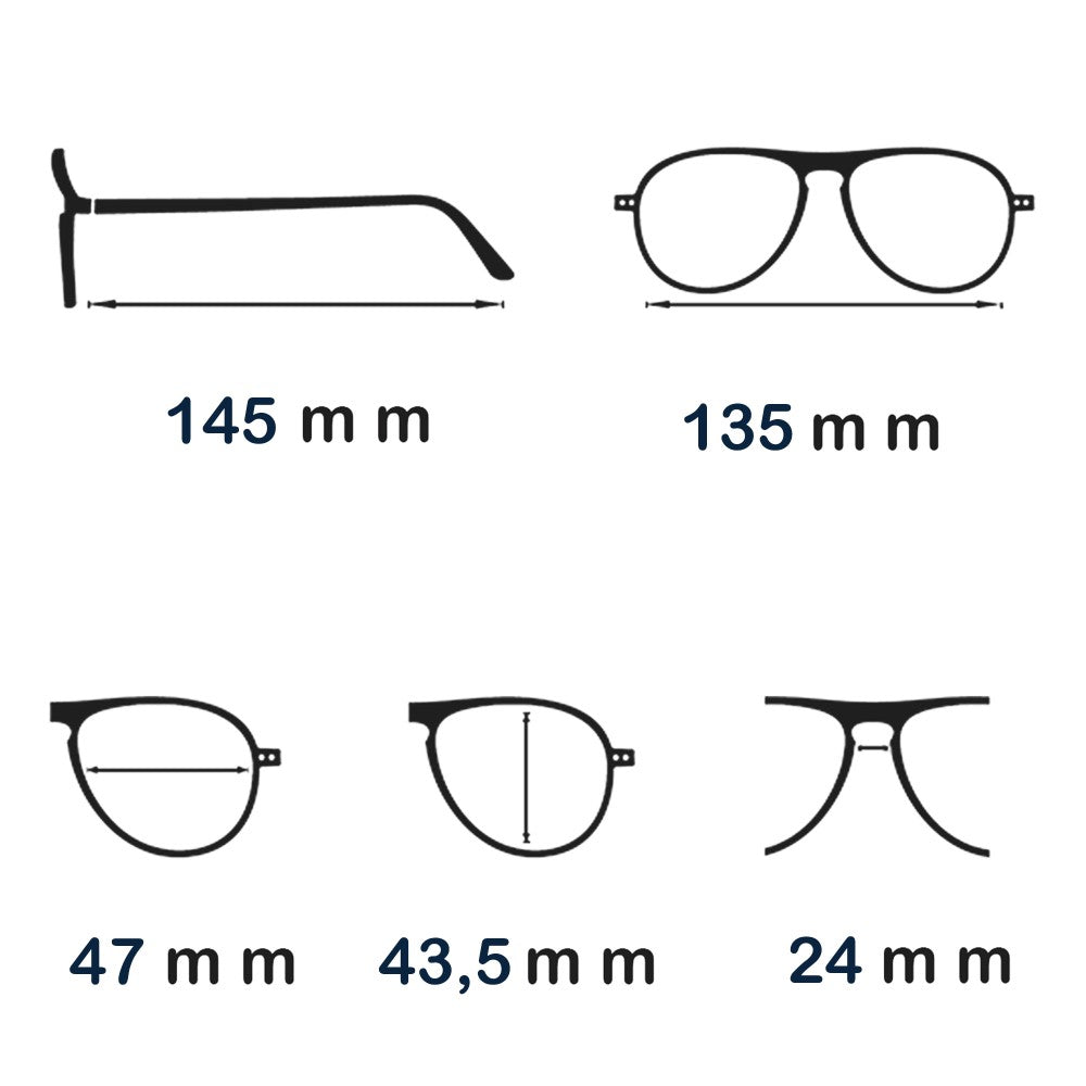 Measurement chart for eyeglass frames with dimensions labeled.